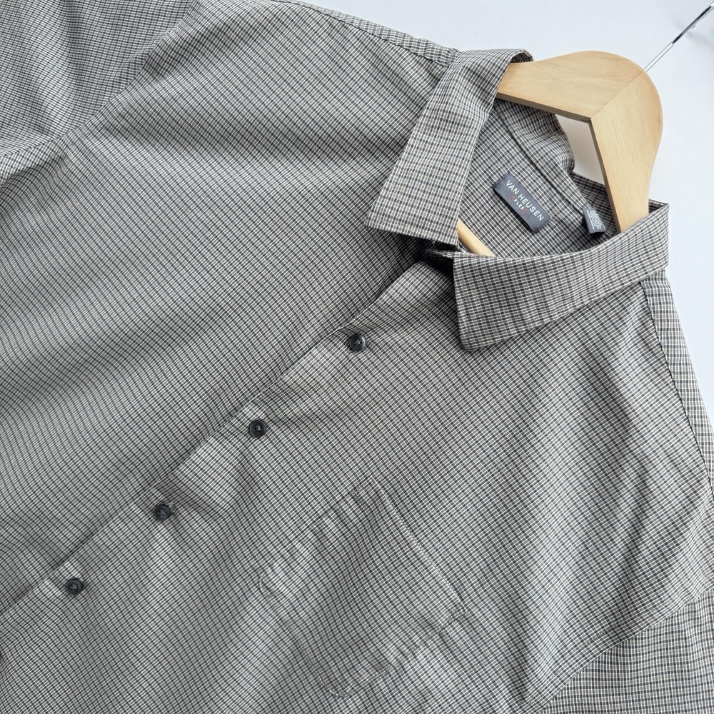 Van Heusen Flex Men XXL Short Sleeve Button Up Shirt Plaid Gray Brown 18-18.5